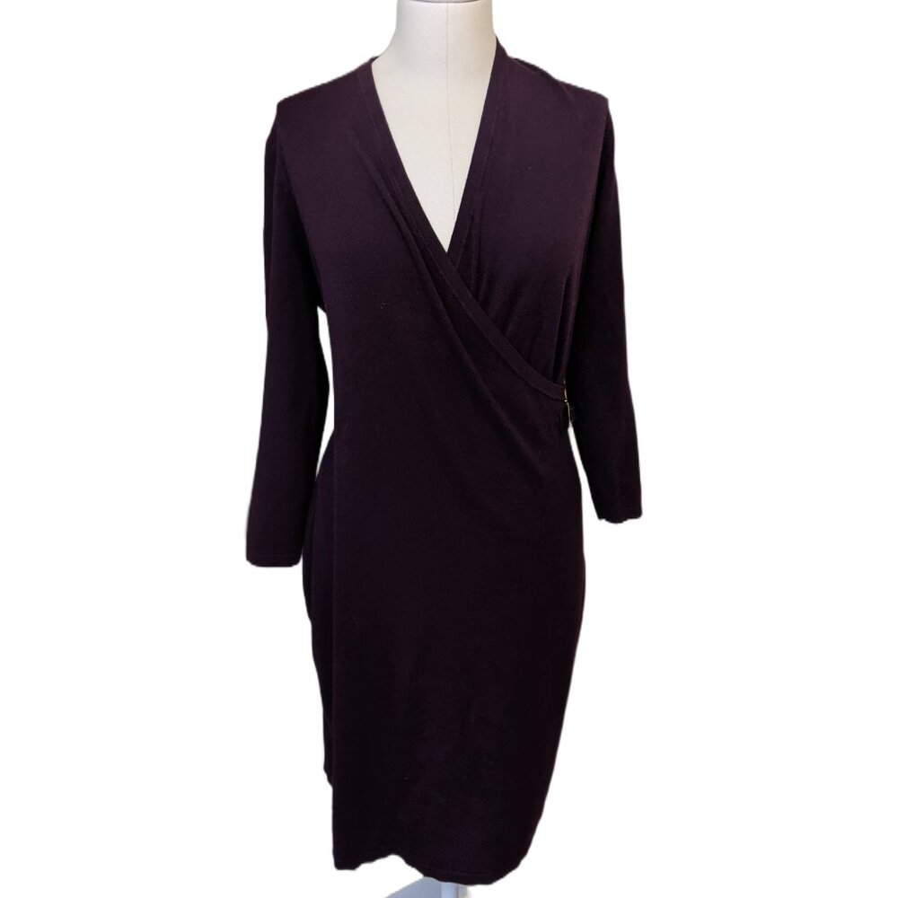 Calvin Klein Dark Purple Knit Dress Long Sleeve Minimalist Office Siren Midi L